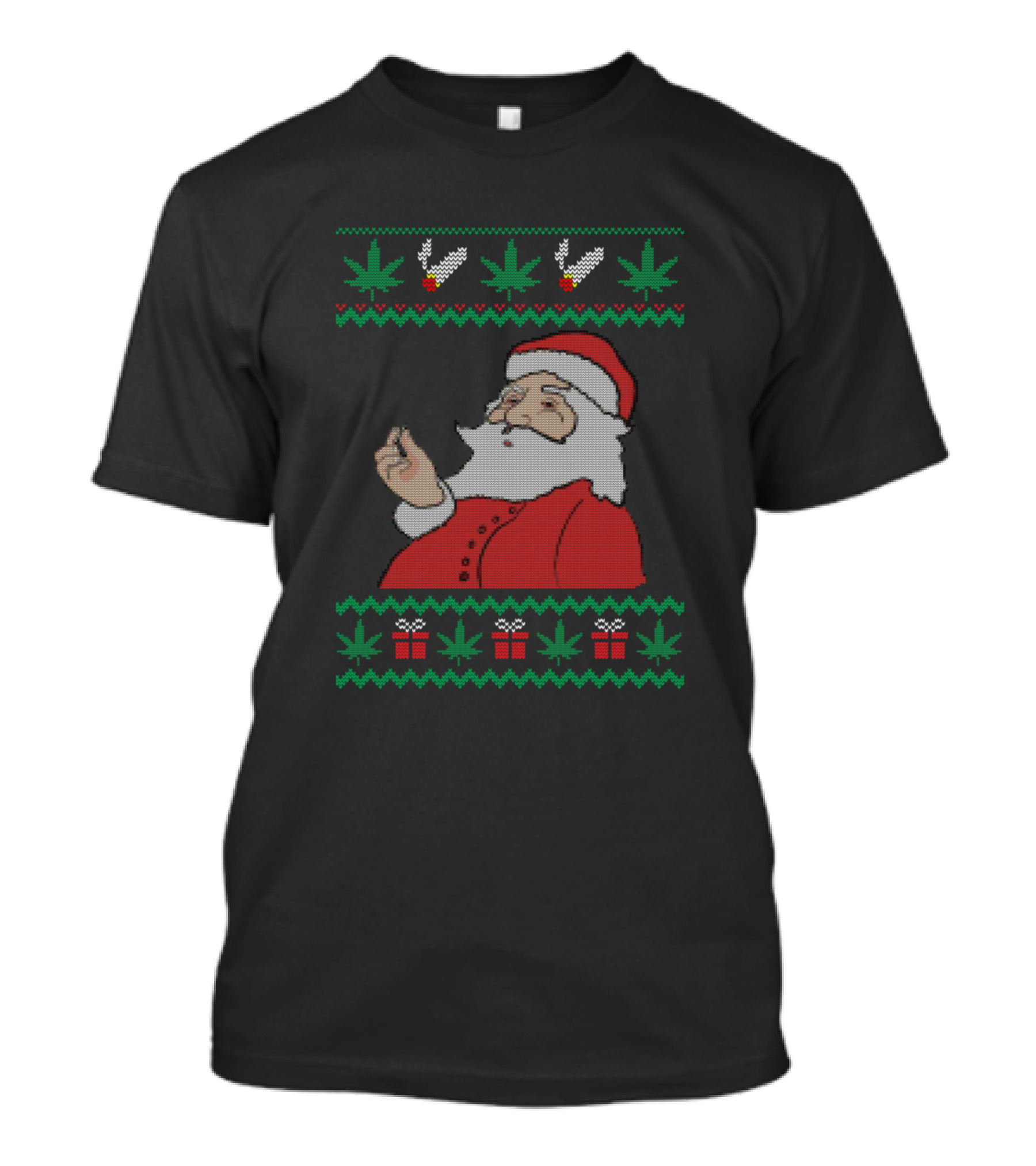 Santa Smoking Cannabis Christmas Holiday 420 With Marijuana Leaves And Presents T-Shirt
