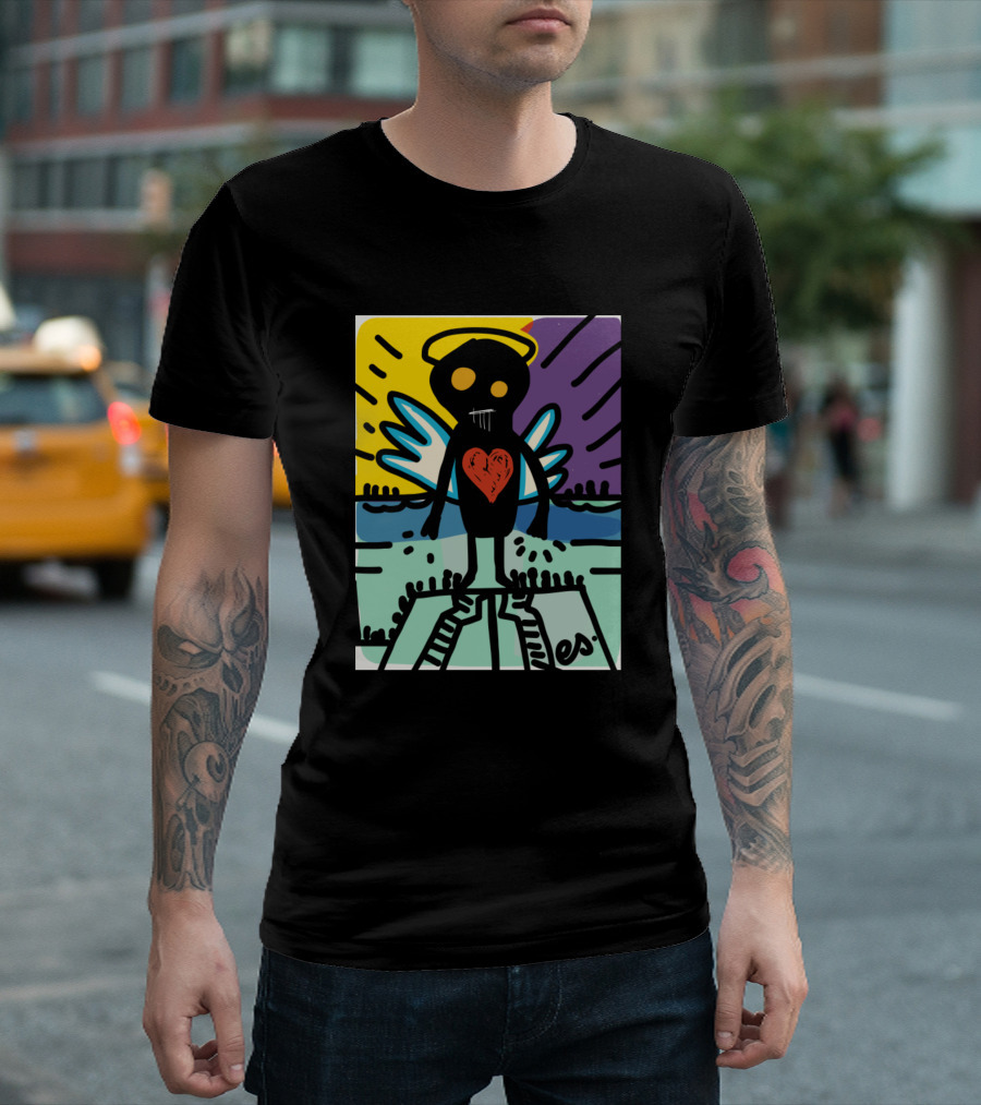 Black Angel Heart Graffiti Street Art Halo Wings T-Shirt