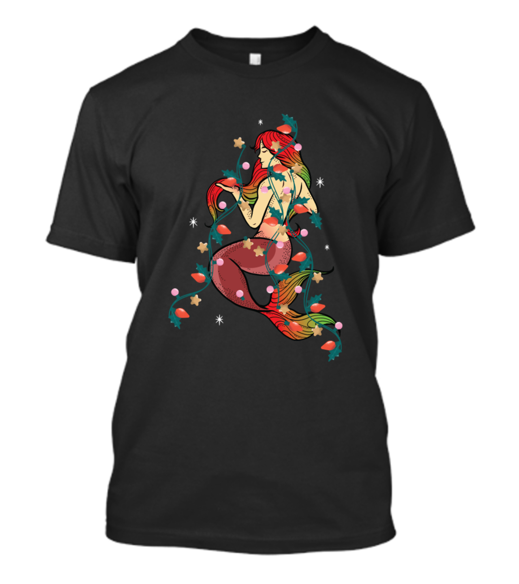 Christmas Mermaid Cute Holiday Lights Stars T-Shirt