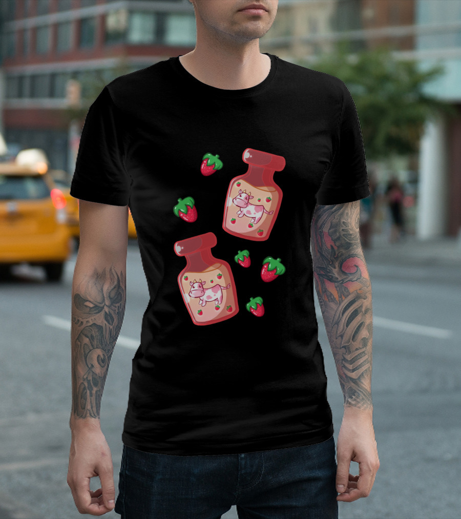 Cow Strawberry Cow Milk Bottle With Strawberries T-Shirt
