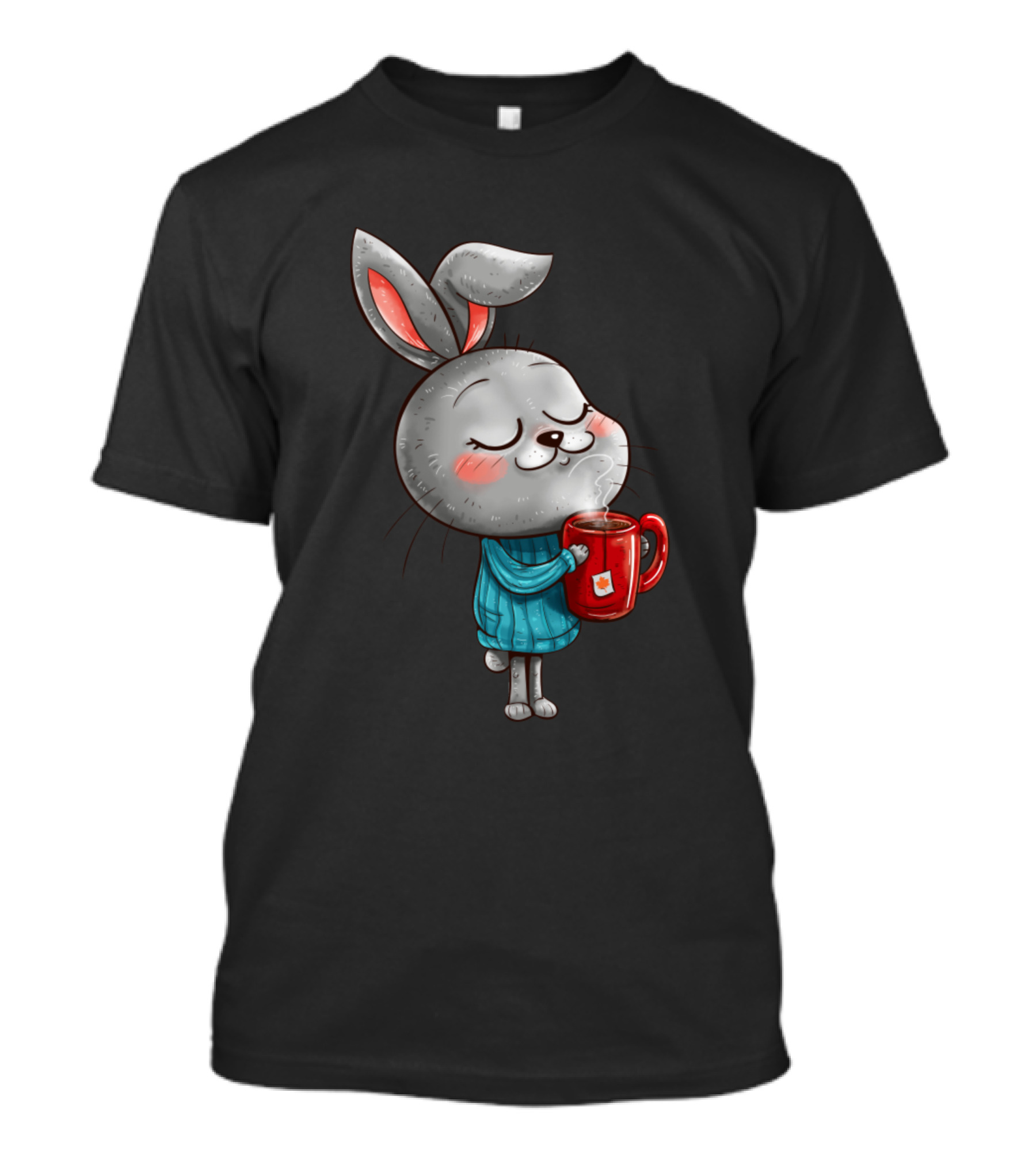Cute Funny Rabbit Enjoying Coffee In Cozy T-Shirt
