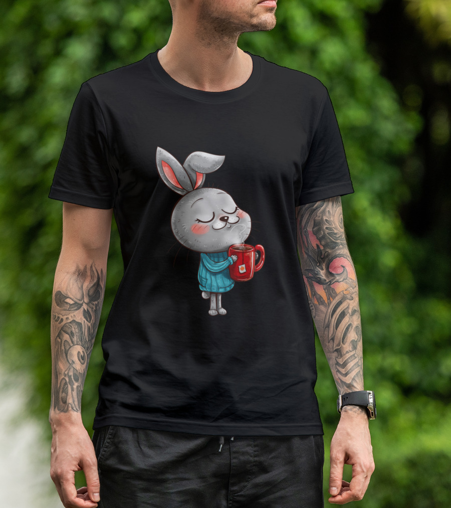 Cute Funny Rabbit Enjoying Coffee In Cozy T-Shirt