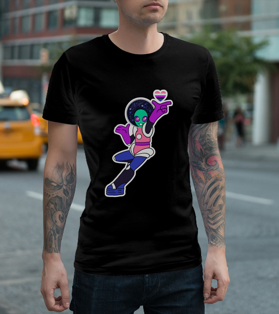 Genderfluid Alien Pride Space Explorer with Heart Flag T-Shirt
