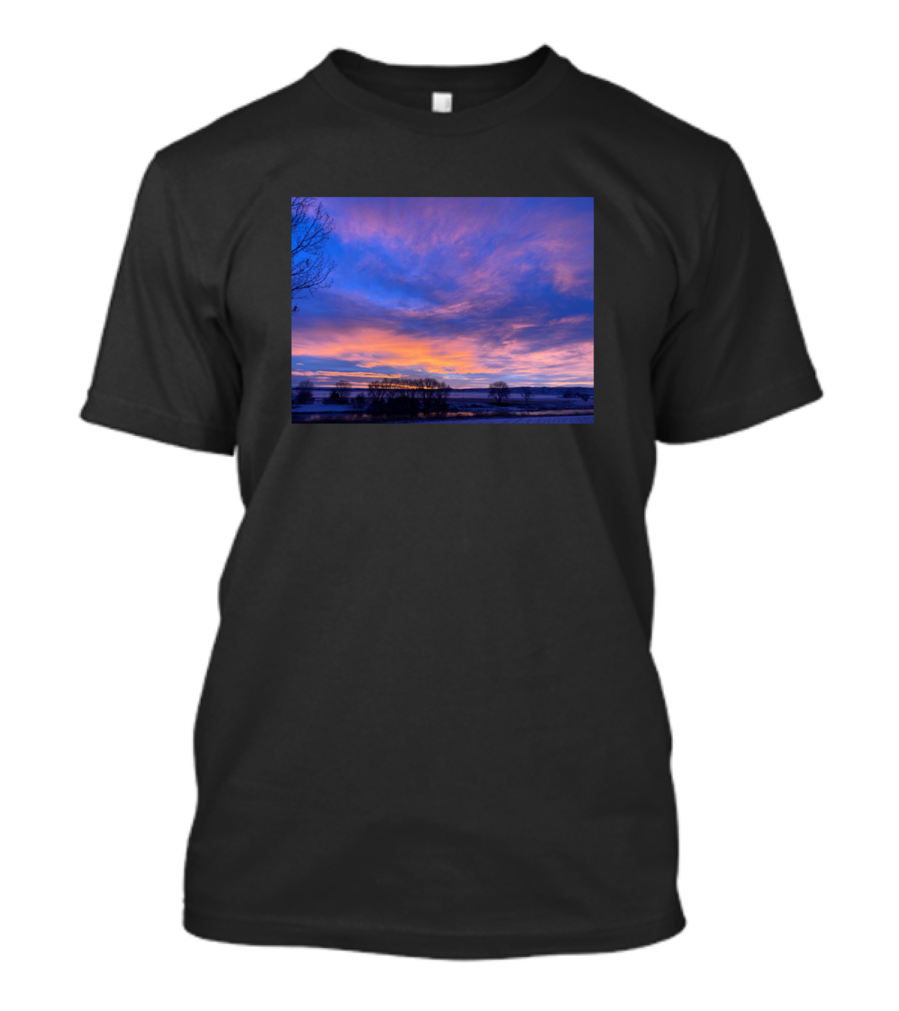 Golden Morning Sunrise Over Serene Landscape With Pink And Blue Skies T-Shirt