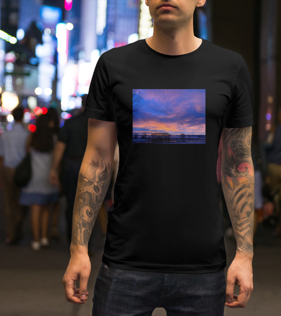 Golden Morning Sunrise Over Serene Landscape With Pink And Blue Skies T-Shirt