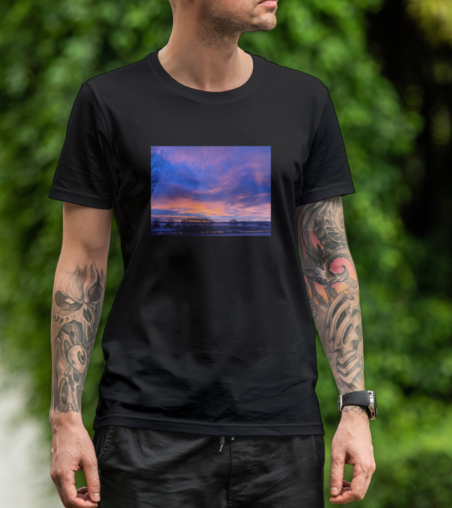 Golden Morning Sunrise Over Serene Landscape With Pink And Blue Skies T-Shirt