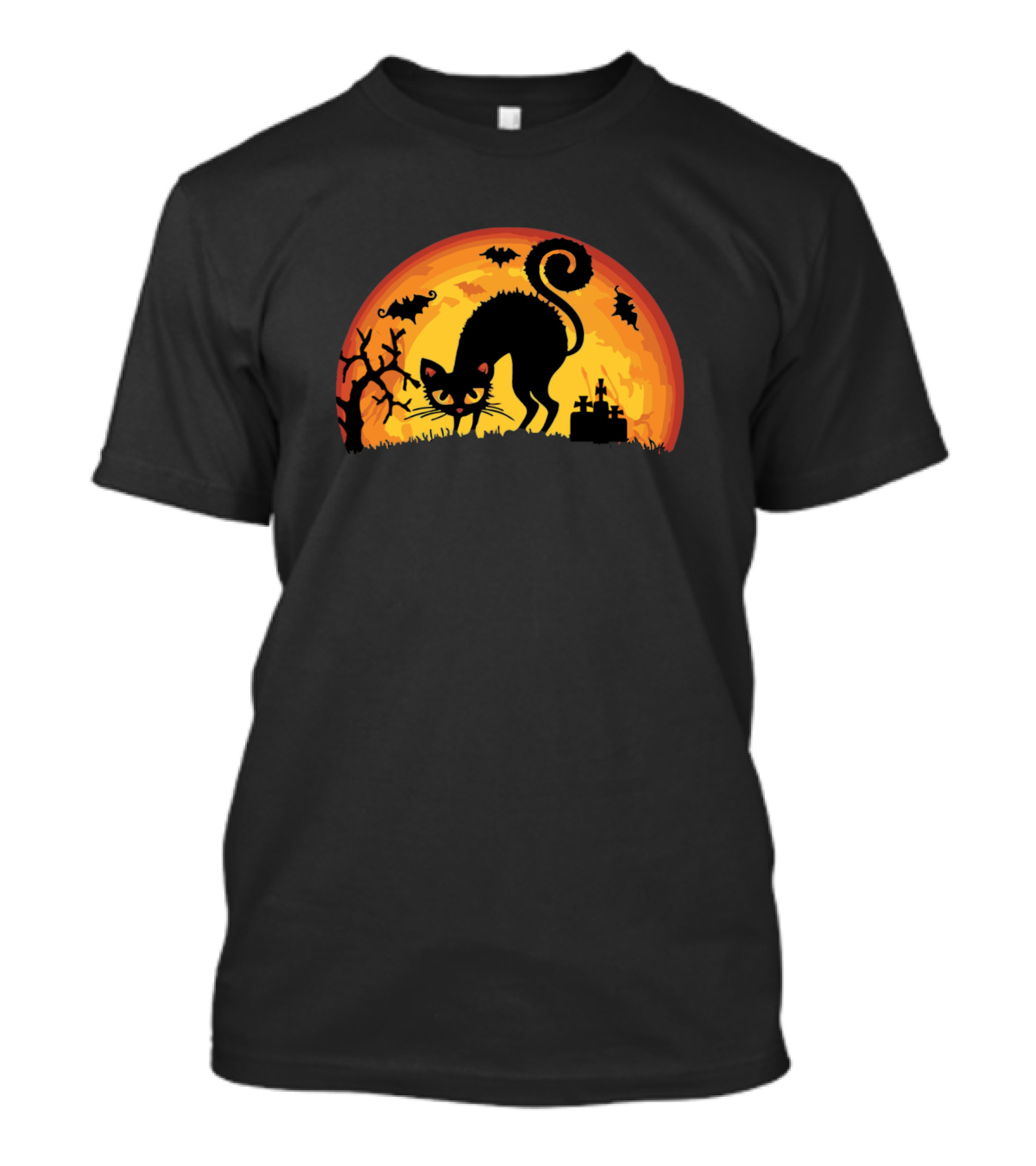 Halloween Black Cat With Cute Bat And Spooky Moon Scene T-Shirt