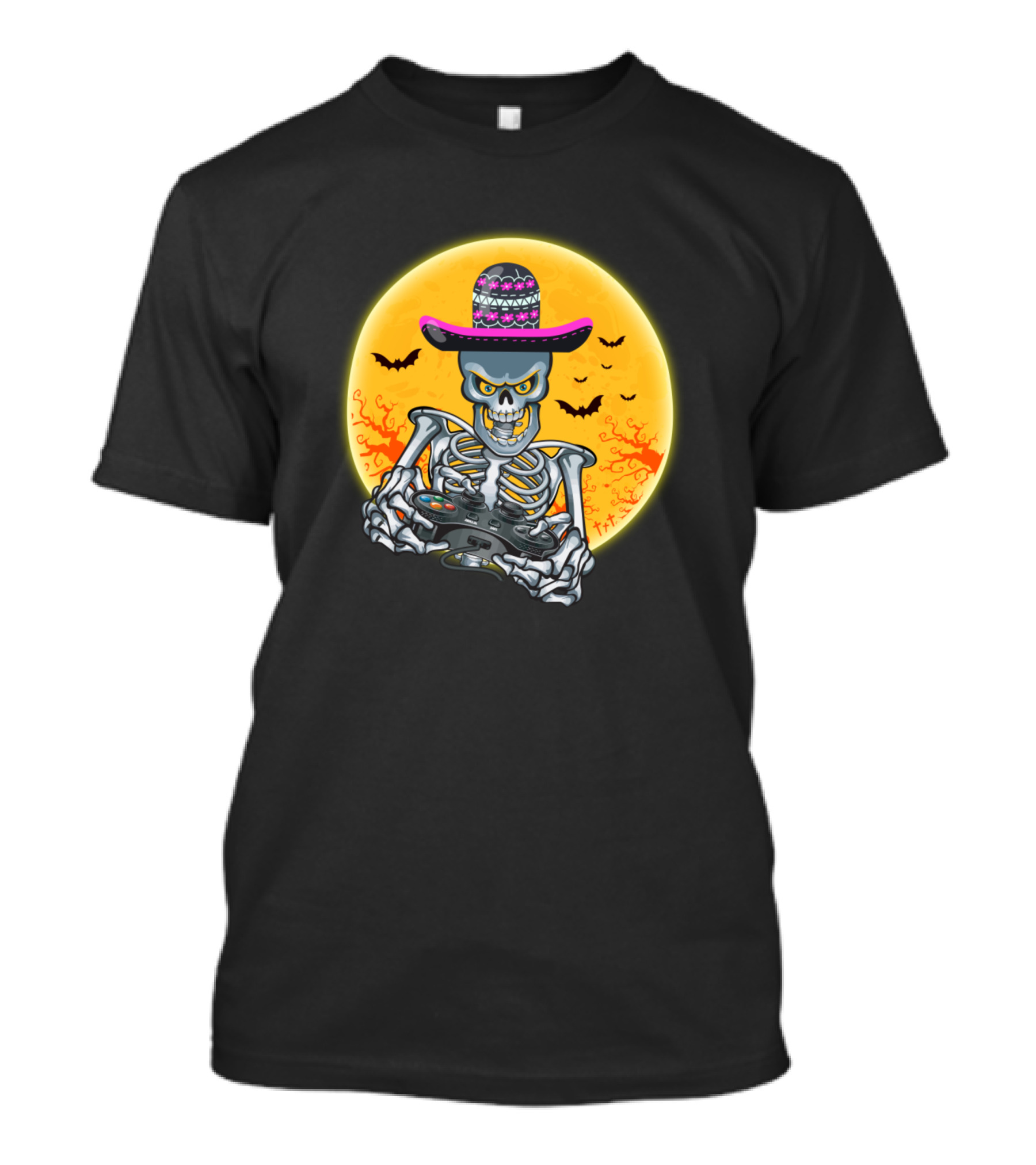 Halloween Gamer Skeleton With Sombrero Controller Bats Moon T-Shirt