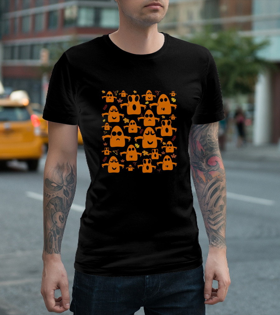 Halloween Ghost Boo Pattern With Autumn Leaves And Pumpkins T-Shirt