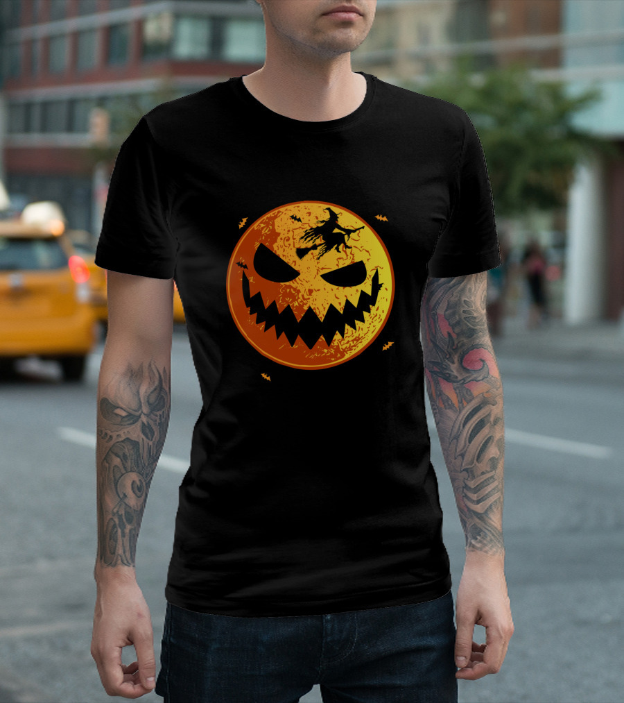 Halloween Jack O'Lantern Moon Witch Flying Bats T-Shirt