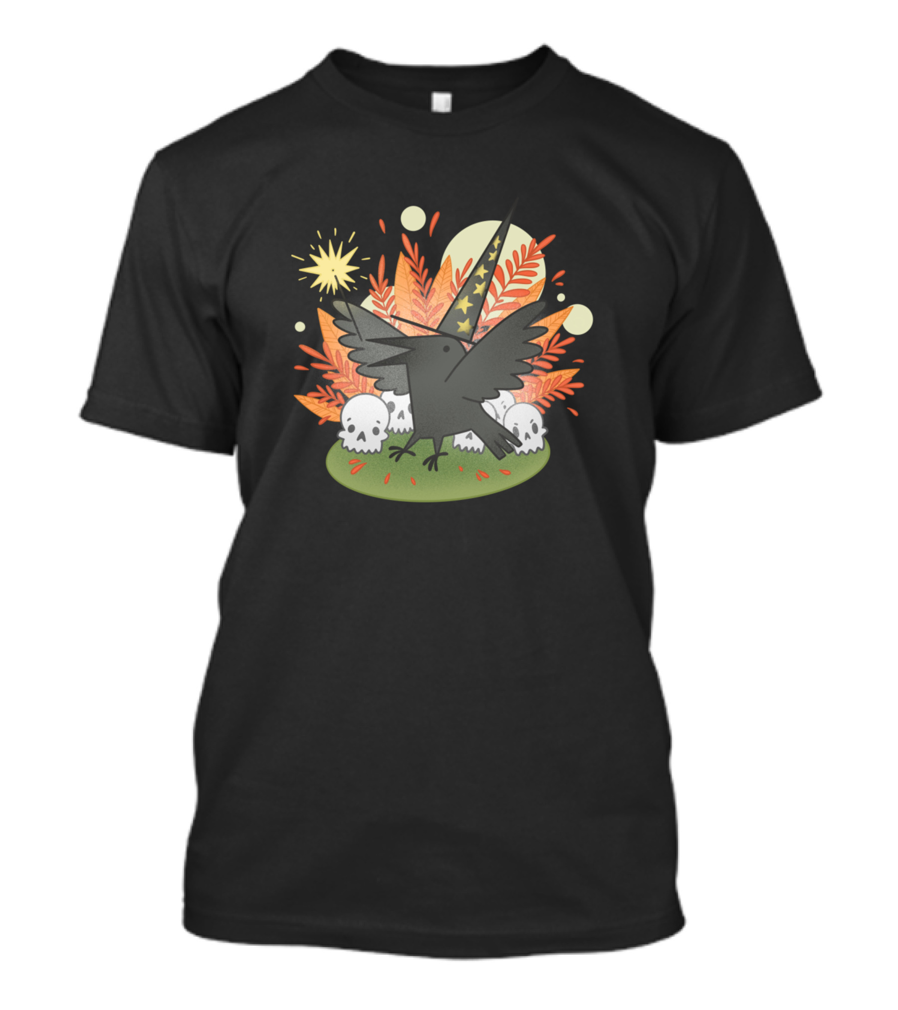 Magic Raven Witch Hat Skulls And Stars T-Shirt