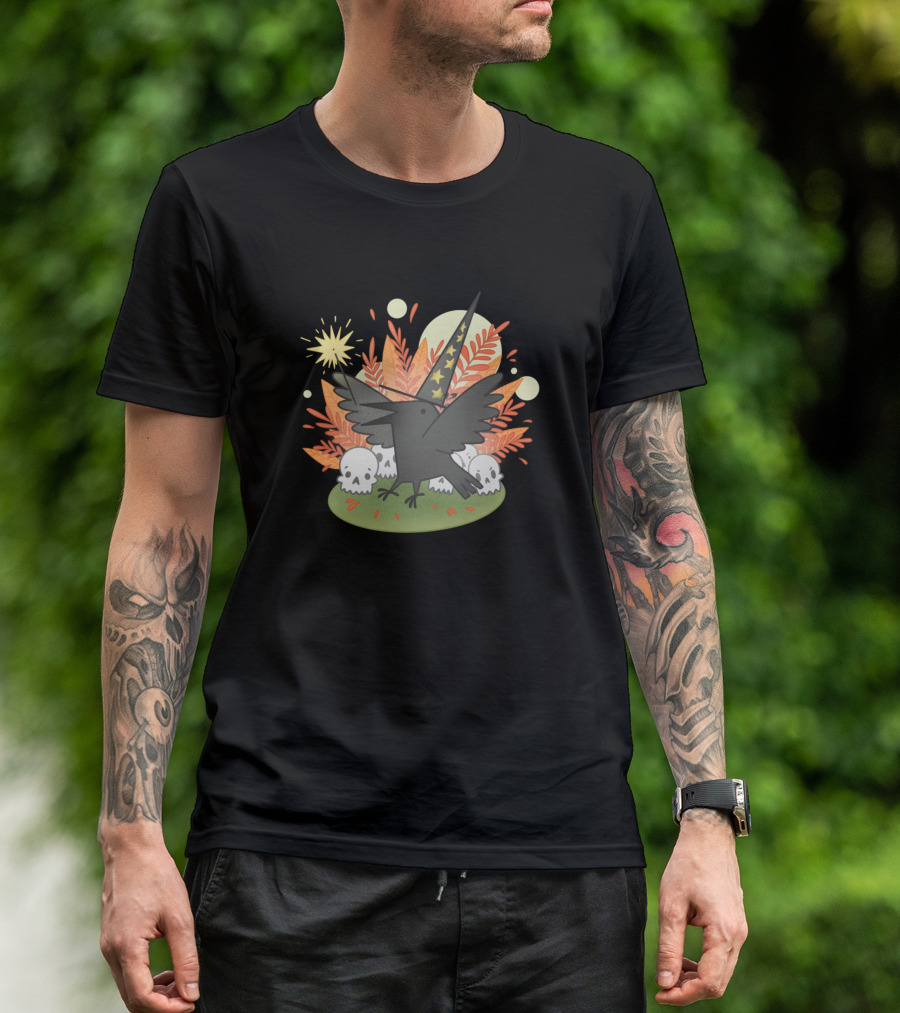 Magic Raven Witch Hat Skulls And Stars T-Shirt