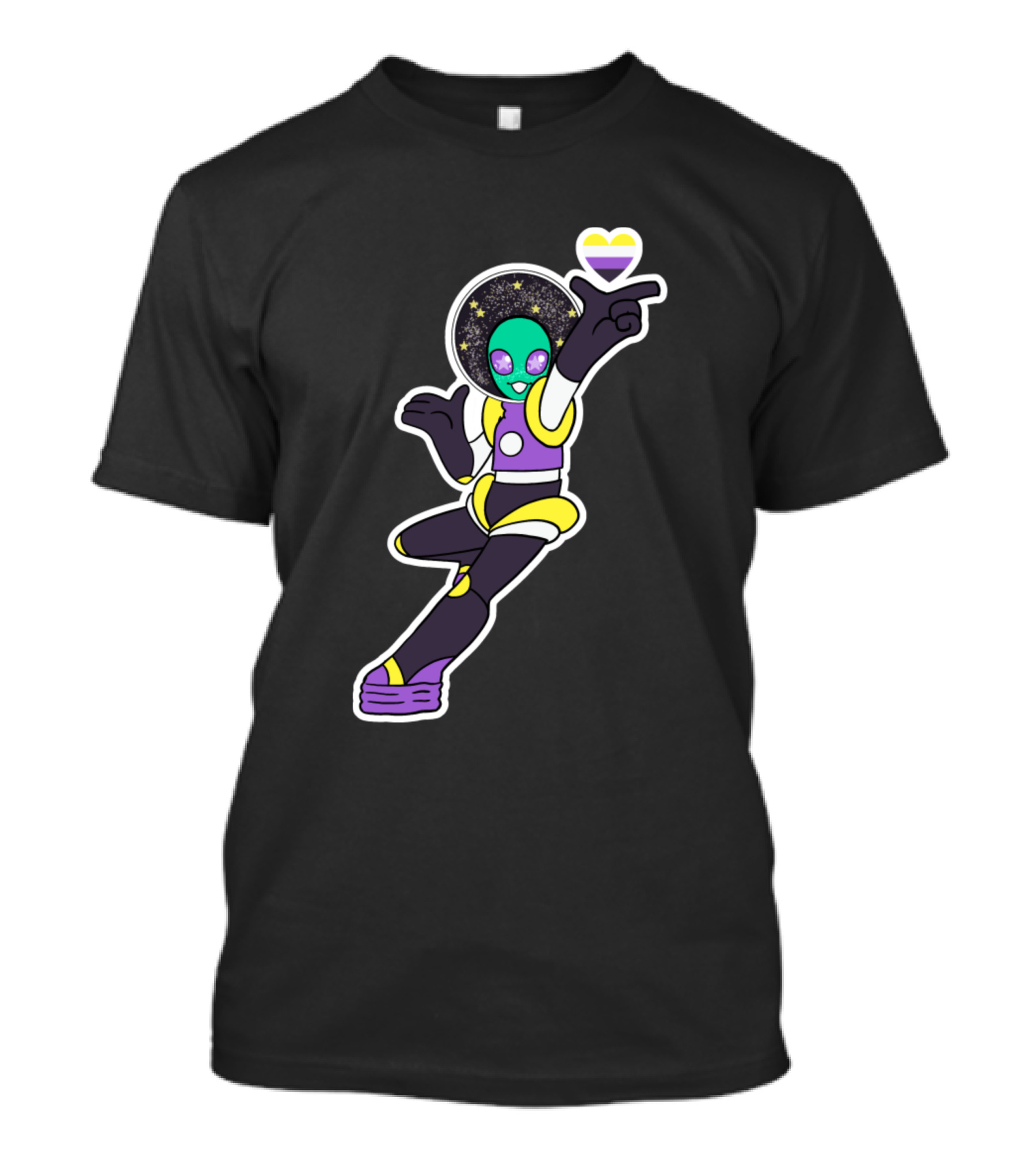 Nonbinary Alien Holding Space Heart With Starry Background T-Shirt