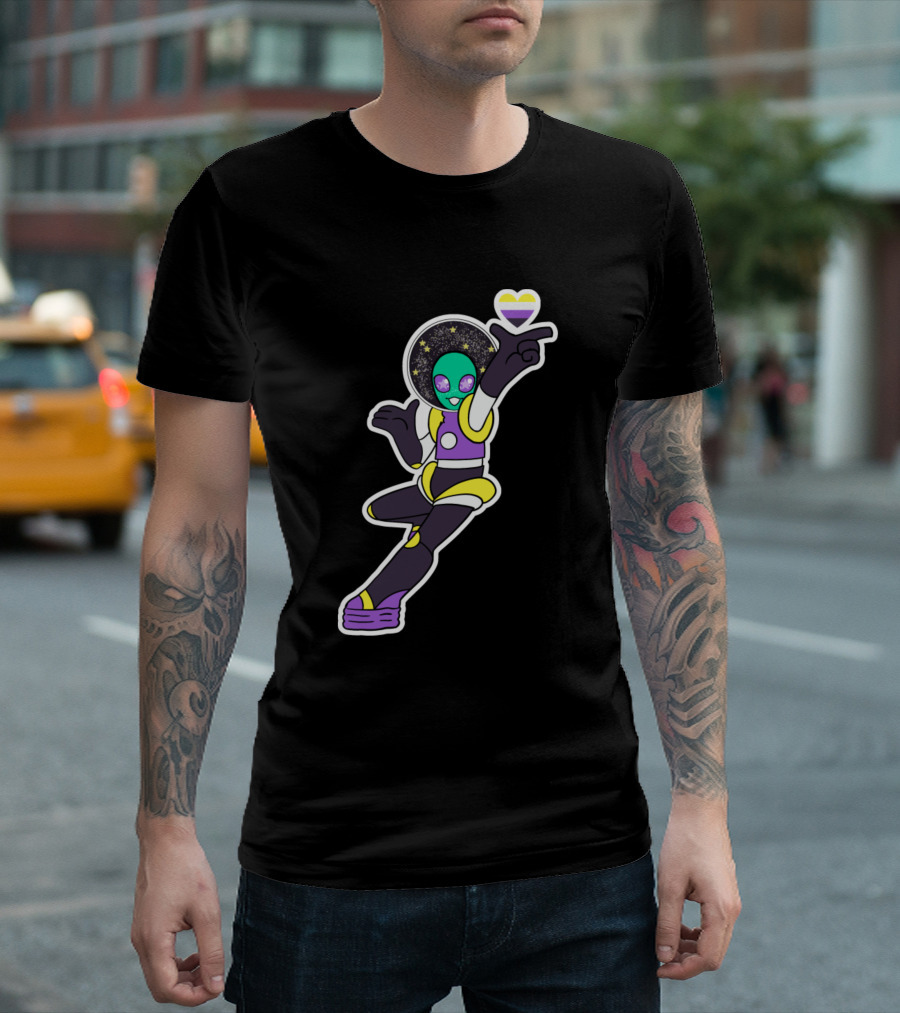 Nonbinary Alien Holding Space Heart With Starry Background T-Shirt