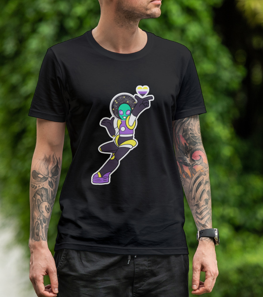 Nonbinary Alien Holding Space Heart With Starry Background T-Shirt