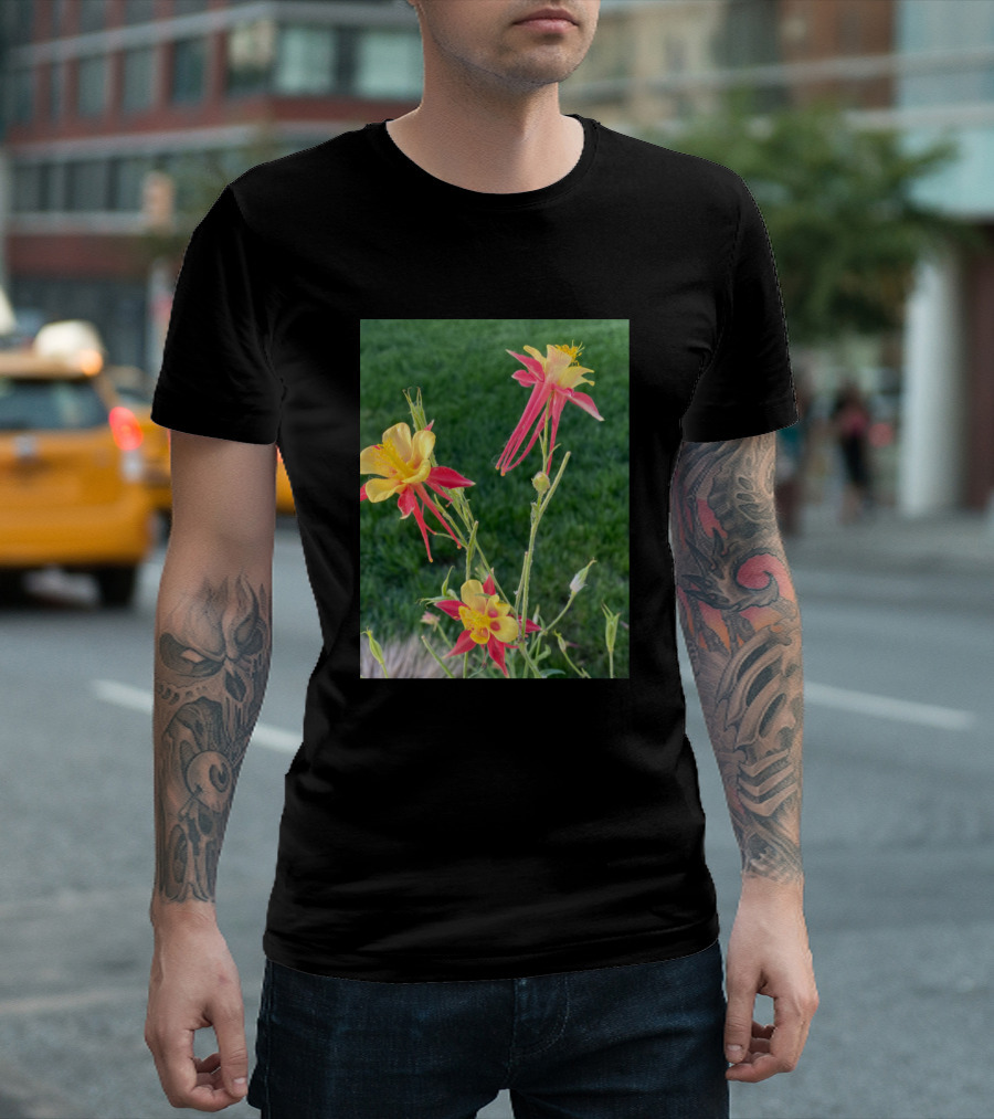 Pink and Yellow Columbine Flowers on Green Background T-Shirt