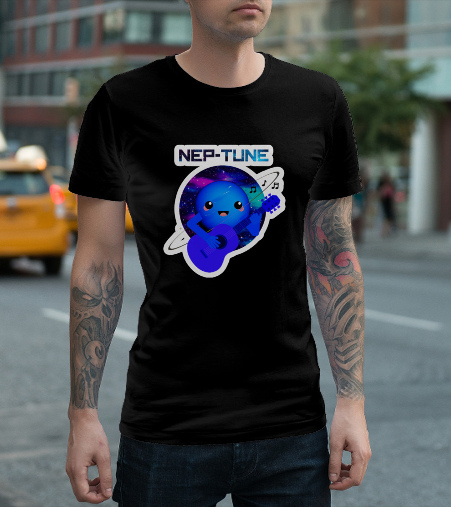 NEP-TUNE Planet Neptune Joke Fun Playing Guitar with Music Notes T-Shirt