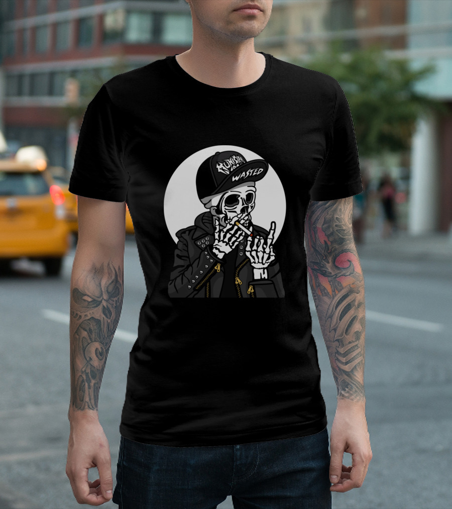 Wasted Skull Punk Smoking Skeleton in Rocker Leather Jacket with Monster Design Cap T-Shirt