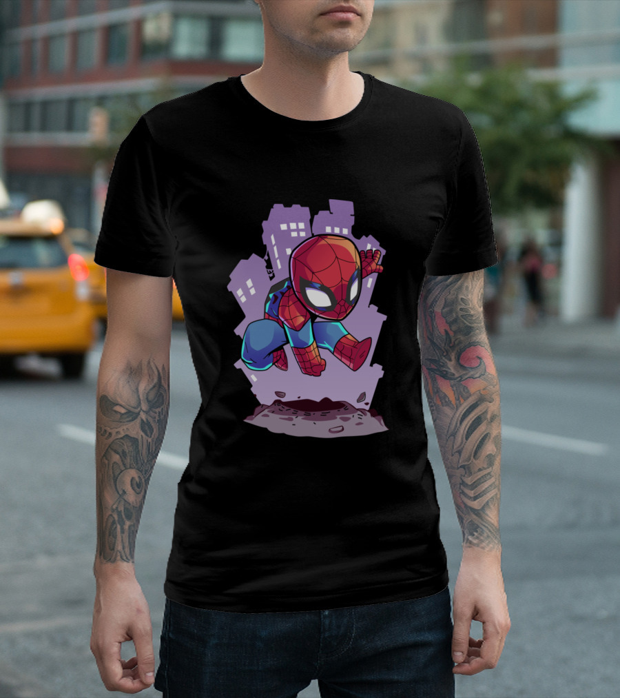 Chibi Spider Man Jumping in Cityscape T-Shirt