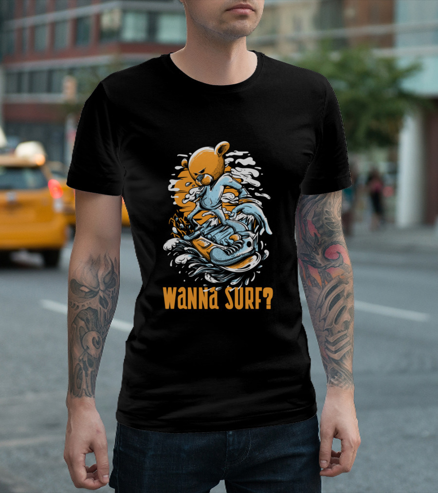 Wanna Surf? Cartoon Bear Riding Waves On Skateboard T-Shirt
