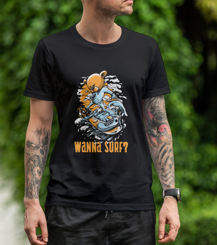 Wanna Surf? Cartoon Bear Riding Waves On Skateboard T-Shirt