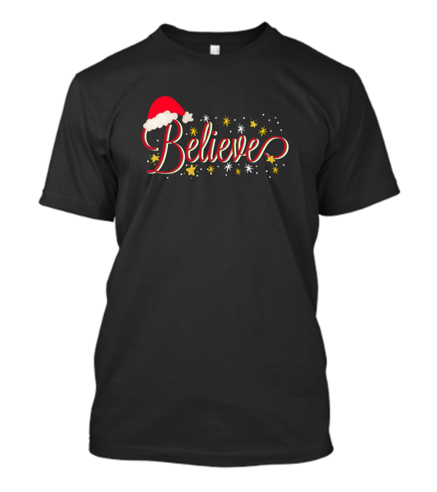 Believe Christmas Santa Hat Stars Snowflakes T-Shirt