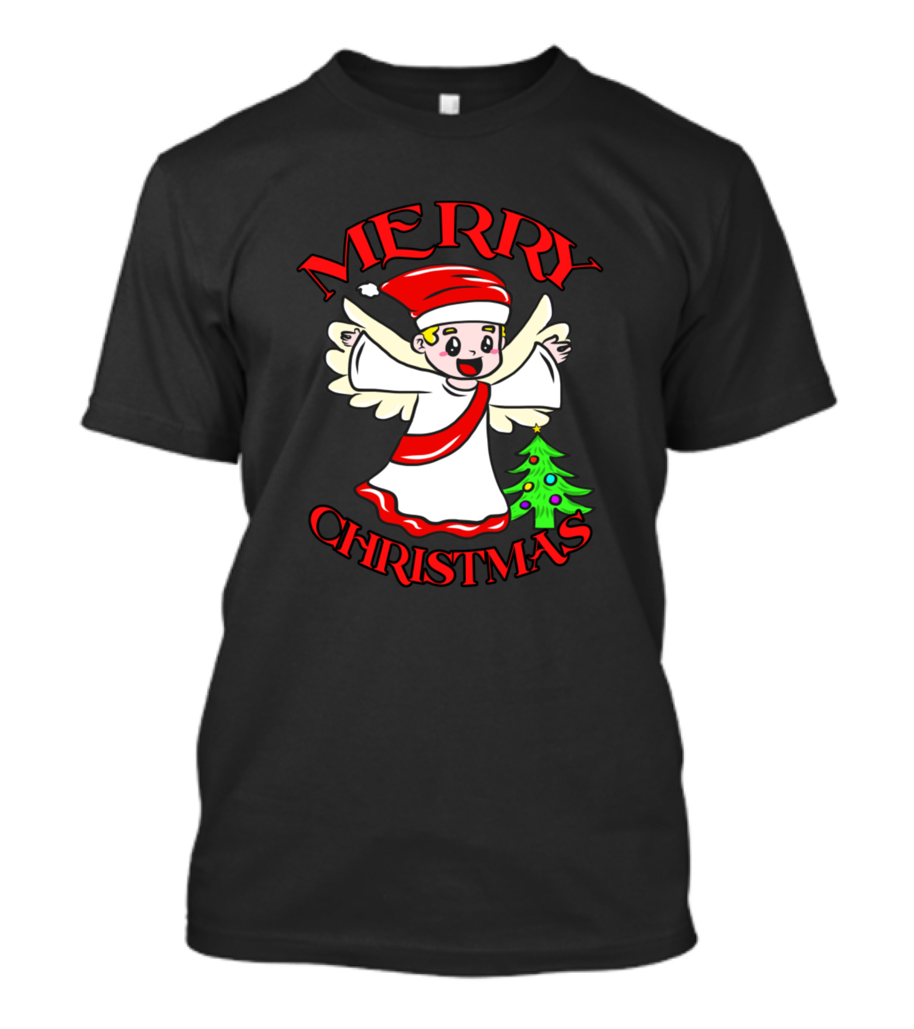 Merry Christmas Angel With Santa Hat And Christmas Tree T-Shirt