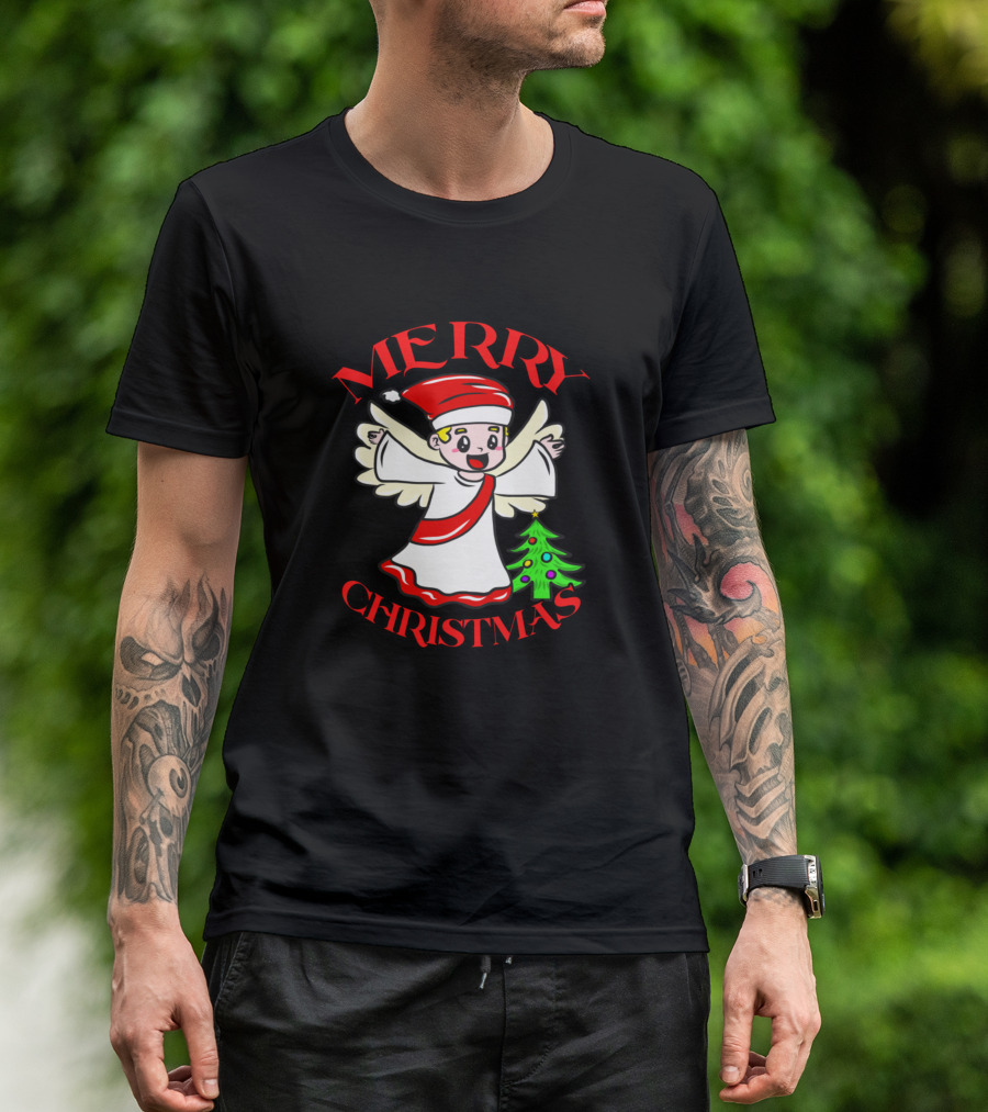 Merry Christmas Angel With Santa Hat And Christmas Tree T-Shirt