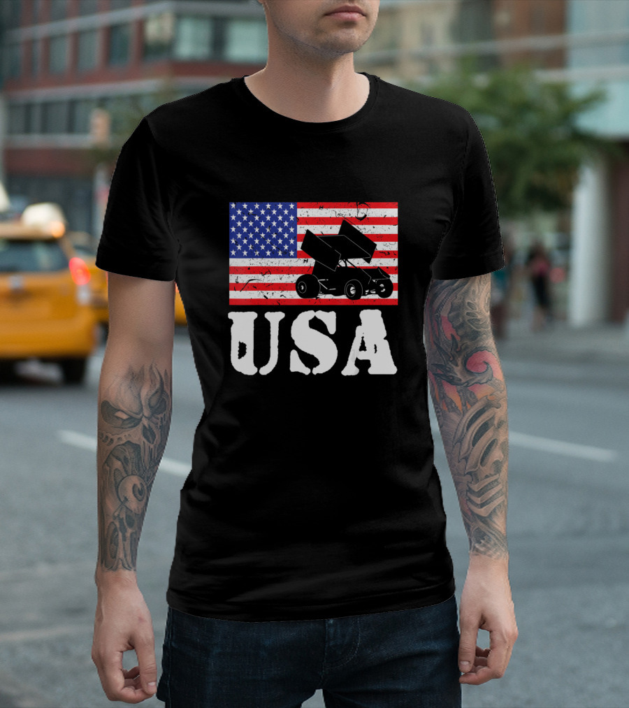 Distressed USA American Flag Sprint Car Racing T-Shirt