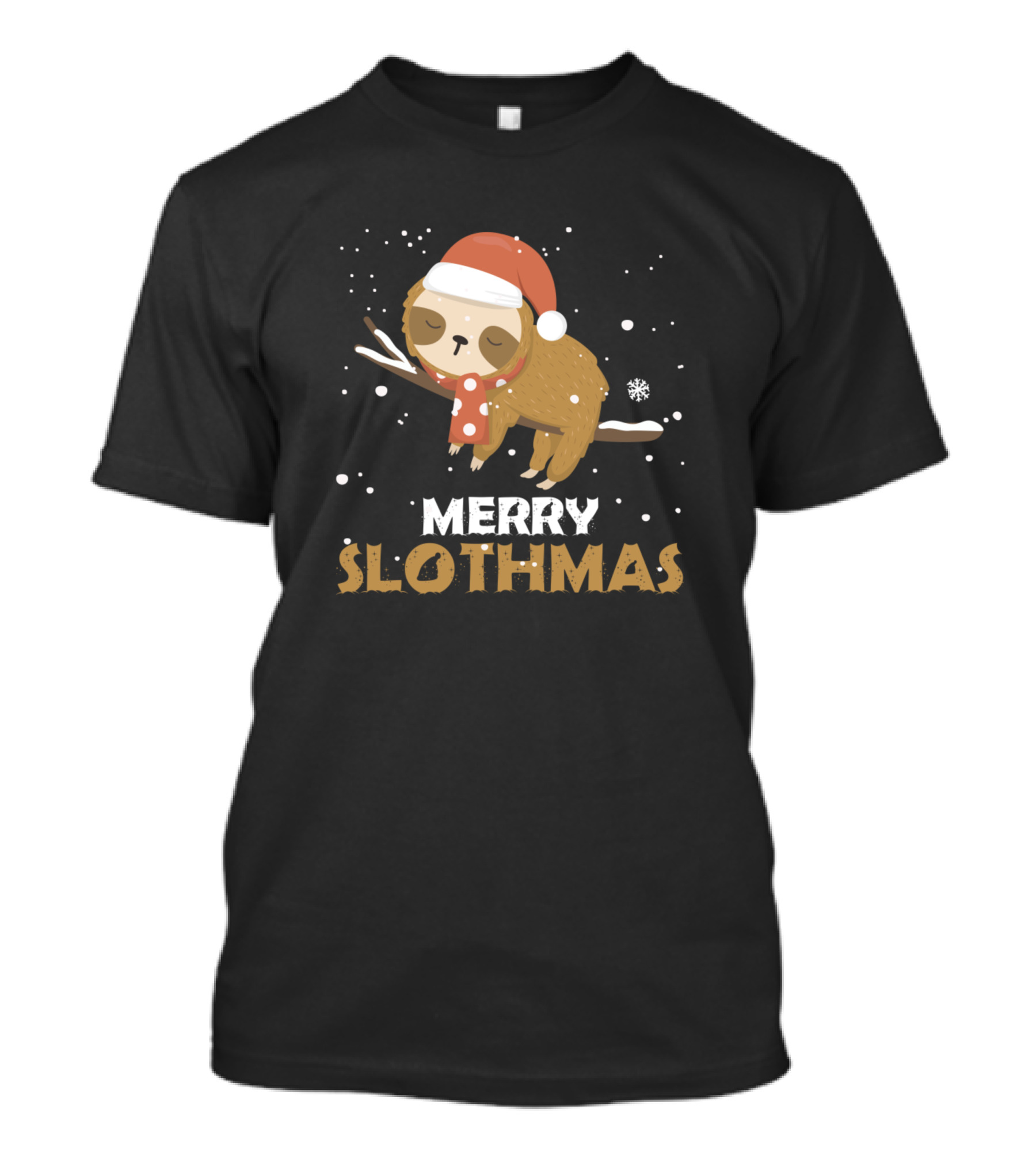 Merry Slothmas Funny Christmas Sloth With Santa Hat And Snowflakes T-Shirt