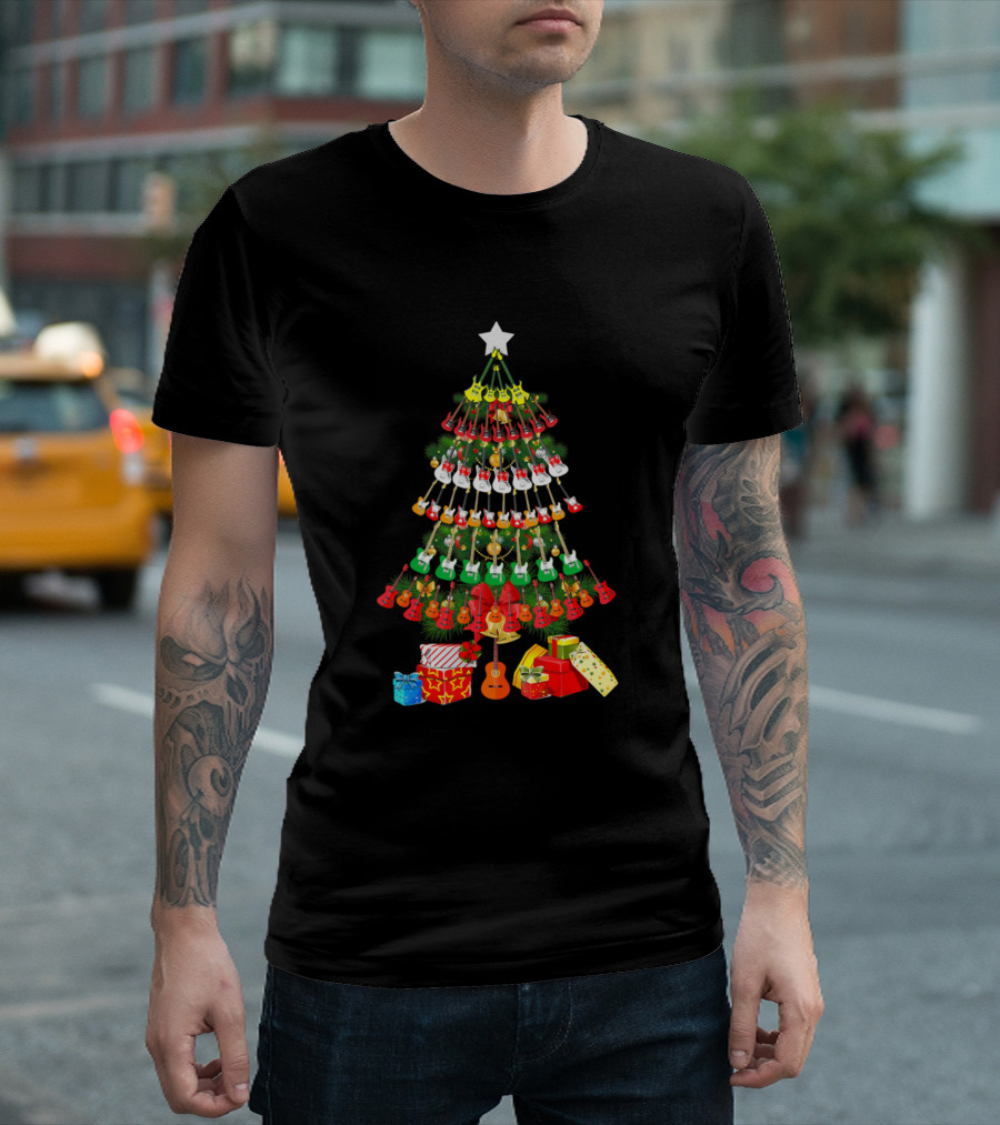 Merry Funny Guitar Christmas Tree With Presents T-Shirt