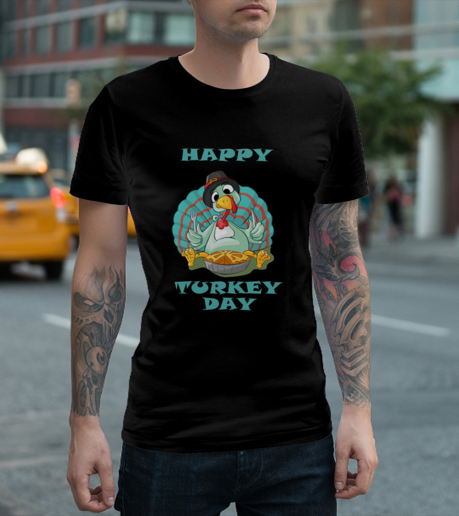 HAPPY TURKEY DAY Turkey with Pie and Hat T-Shirt
