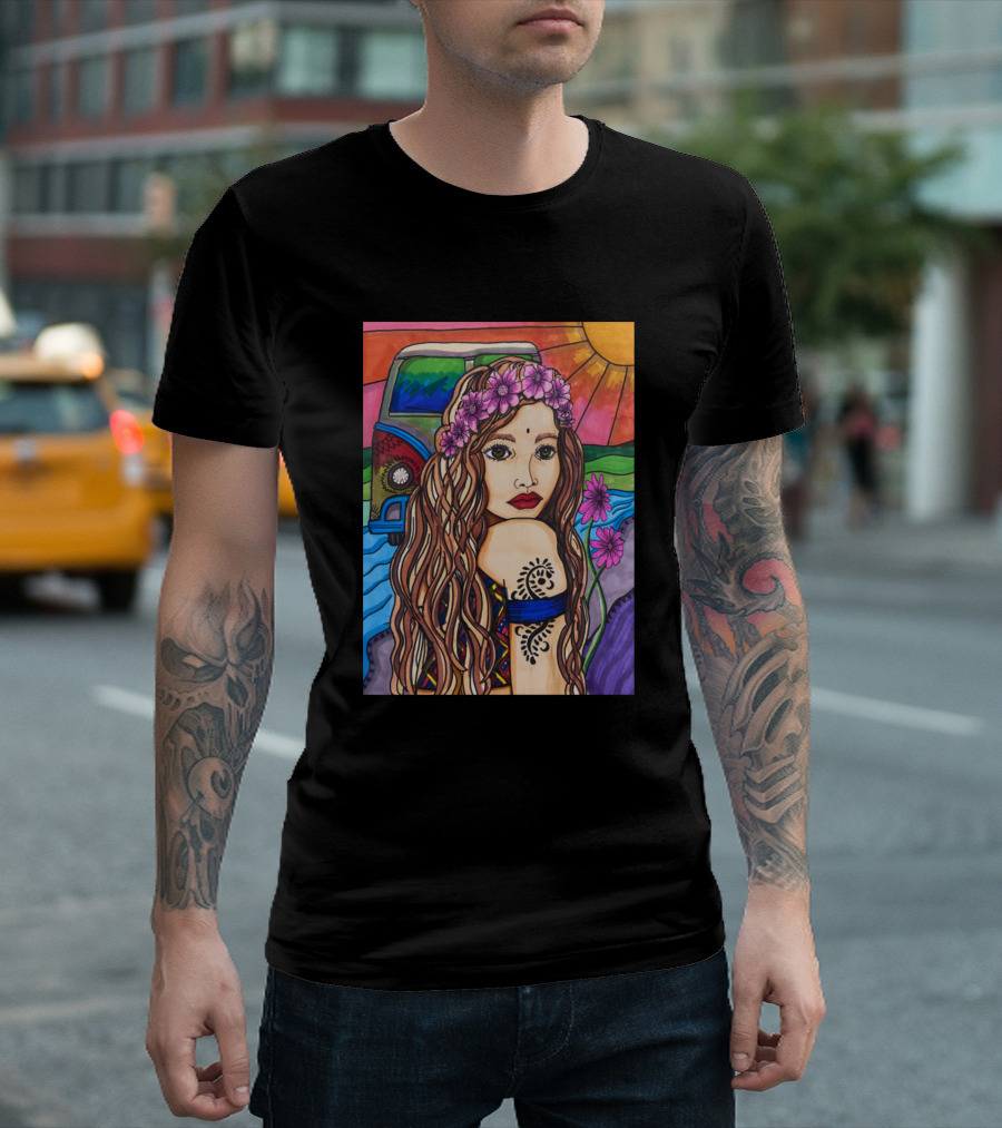 Hippie Chick Flower Crown Sunset Van T-Shirt