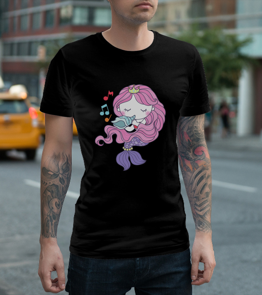 Mermaid Lover Cute Pink Haired Mermaid With Musical Notes And Shell T-Shirt