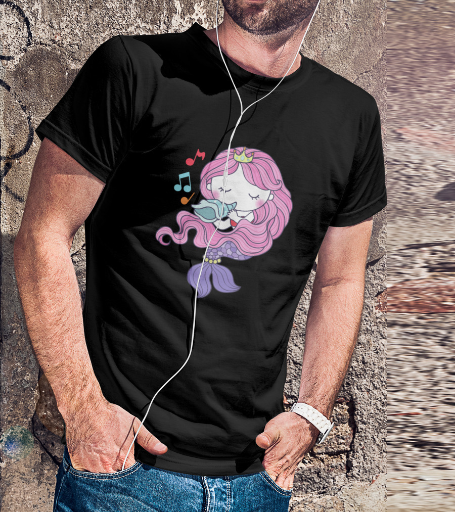 Mermaid Lover Cute Pink Haired Mermaid With Musical Notes And Shell T-Shirt