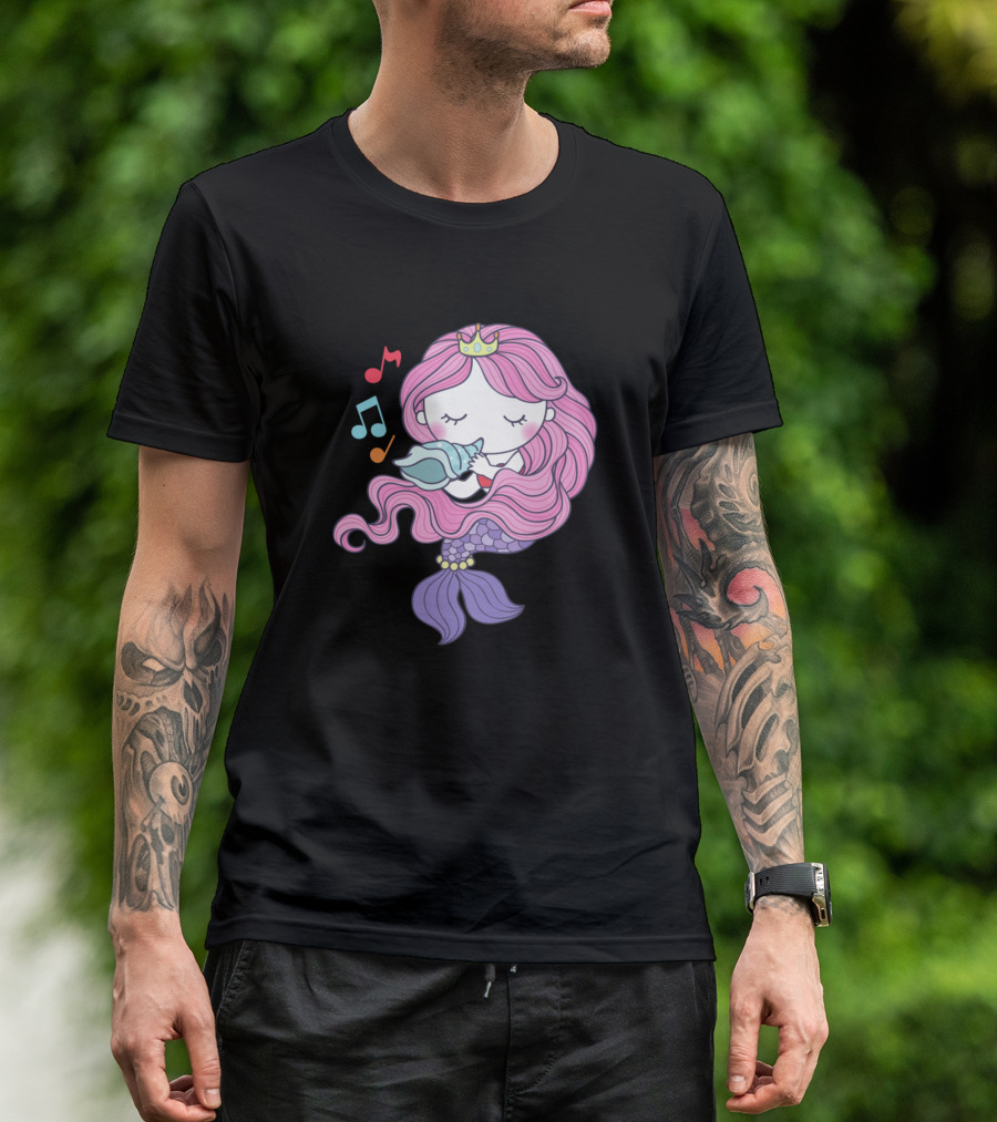 Mermaid Lover Cute Pink Haired Mermaid With Musical Notes And Shell T-Shirt