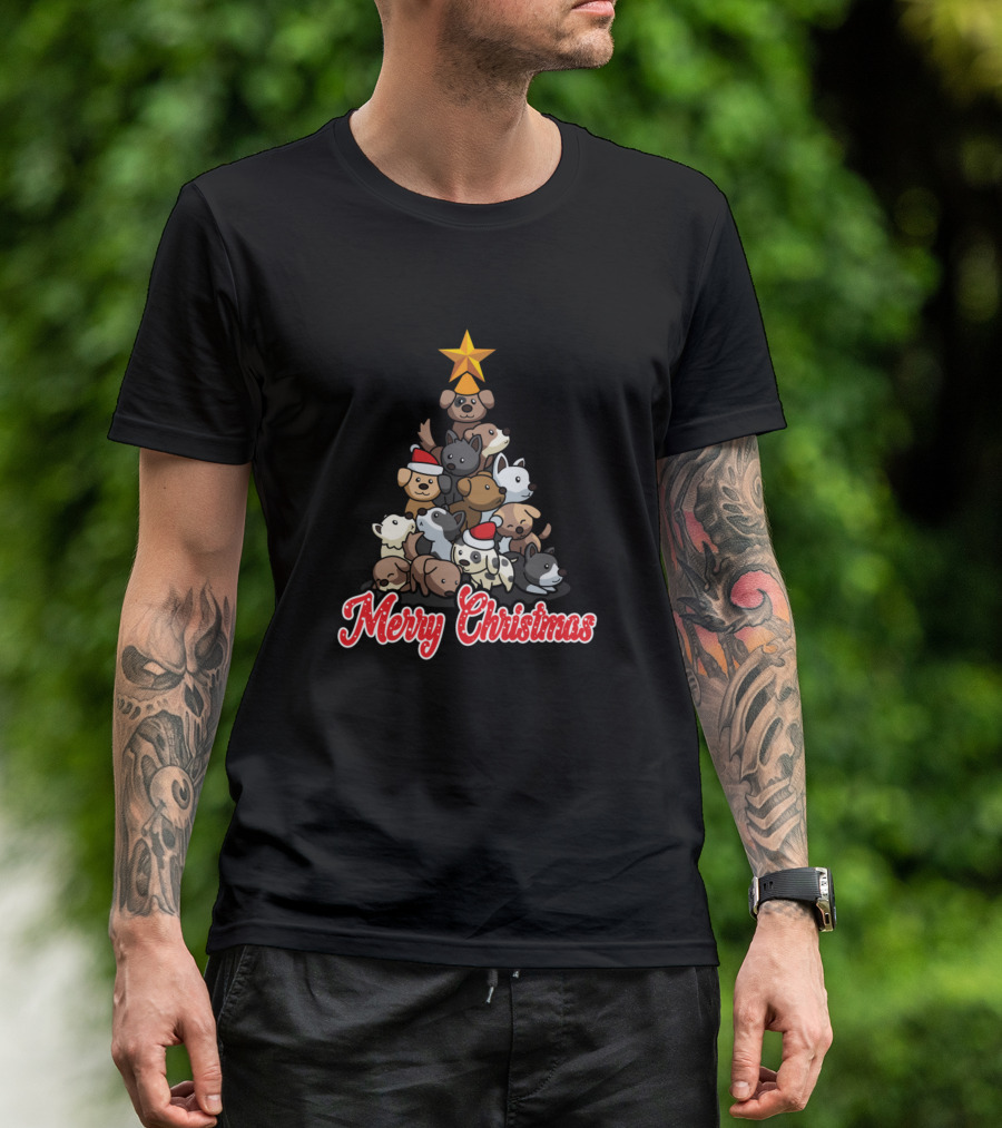 Merry Christmas Dog Puppies Christmas Tree Star T-Shirt