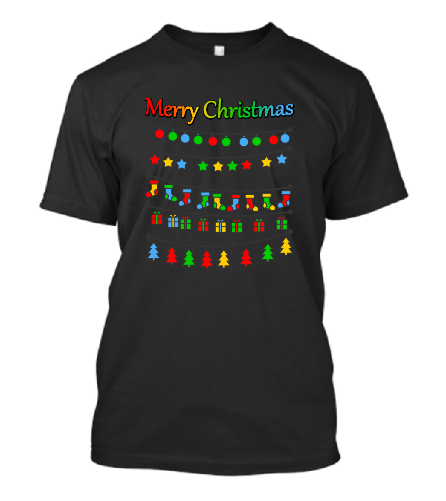 Merry Christmas Kids Idea Xmas Pres Colorful Lights Stars Trees Stockings Gifts T-Shirt