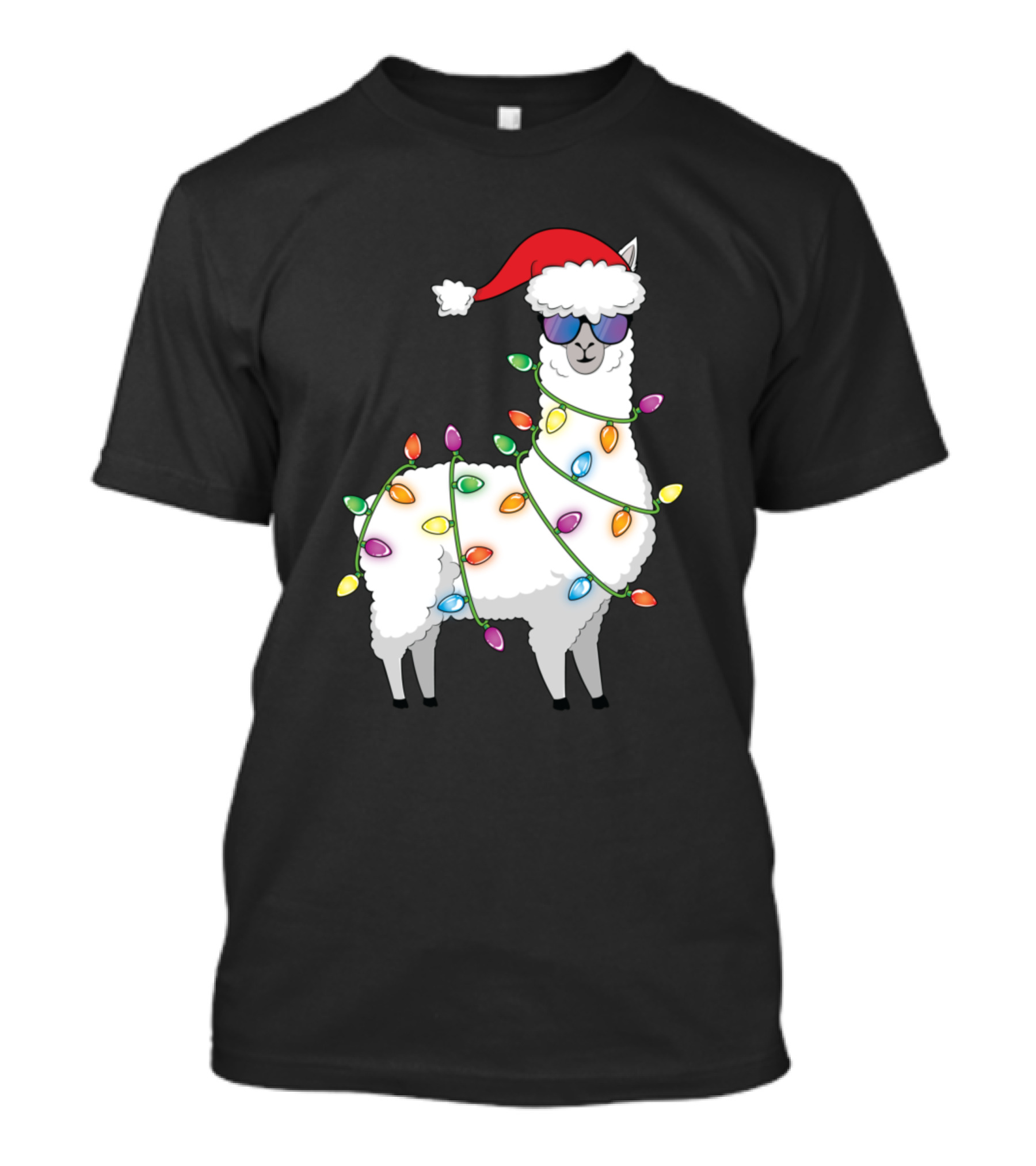 Merry Christmas Tree Lights Llama Santa Hat Sunglasses T-Shirt