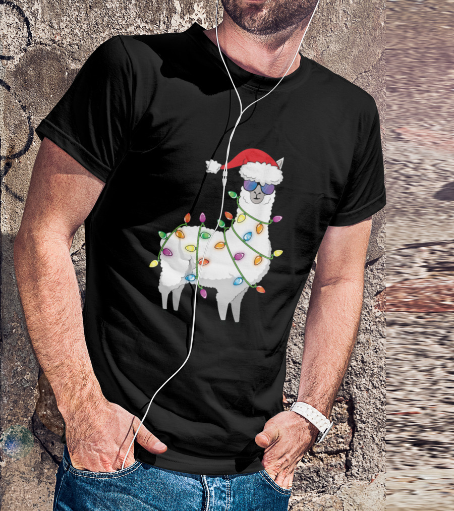 Merry Christmas Tree Lights Llama Santa Hat Sunglasses T-Shirt