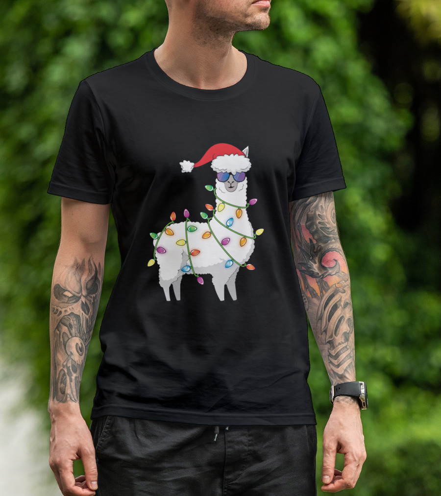 Merry Christmas Tree Lights Llama Santa Hat Sunglasses T-Shirt
