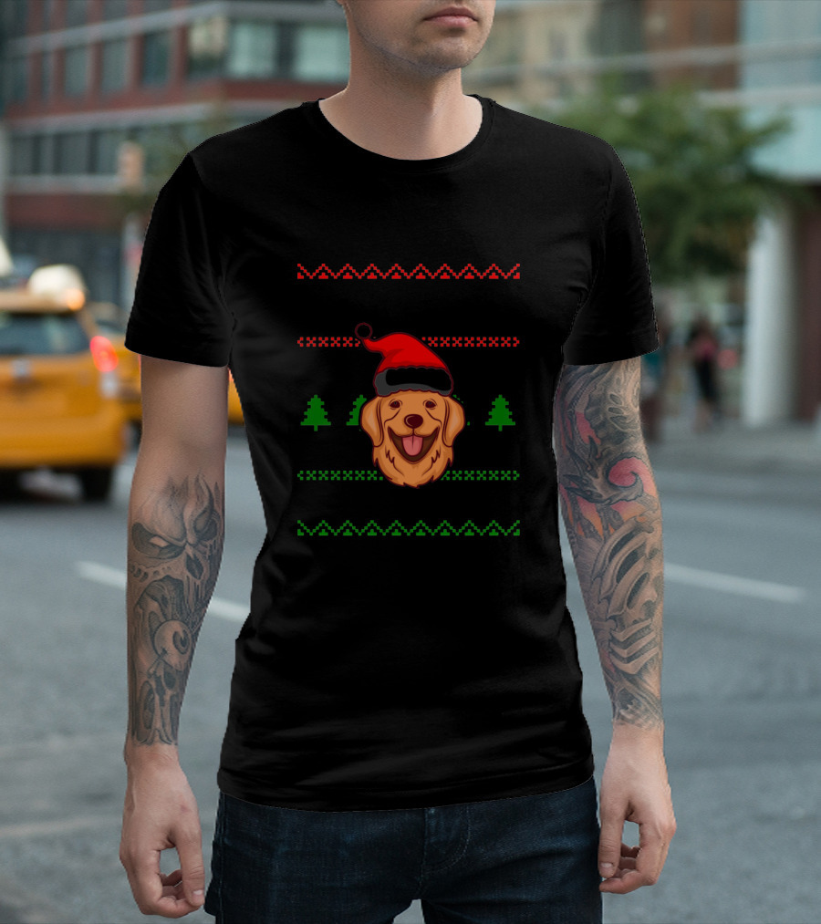 Merry Woofmas Golden Retriever Santa Hat Christmas Trees T-Shirt