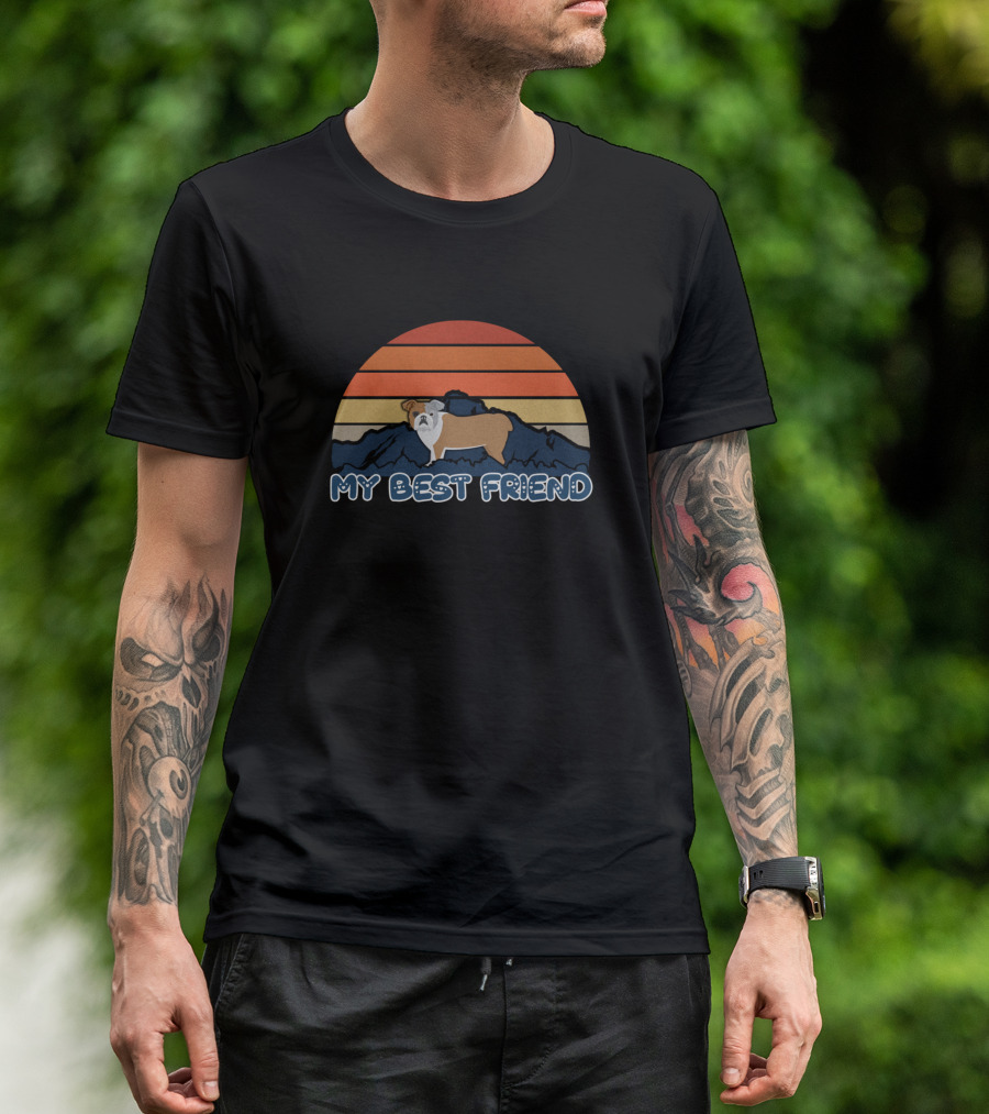 My Best Friend Bulldog Striped Sunset Mountain T-Shirt