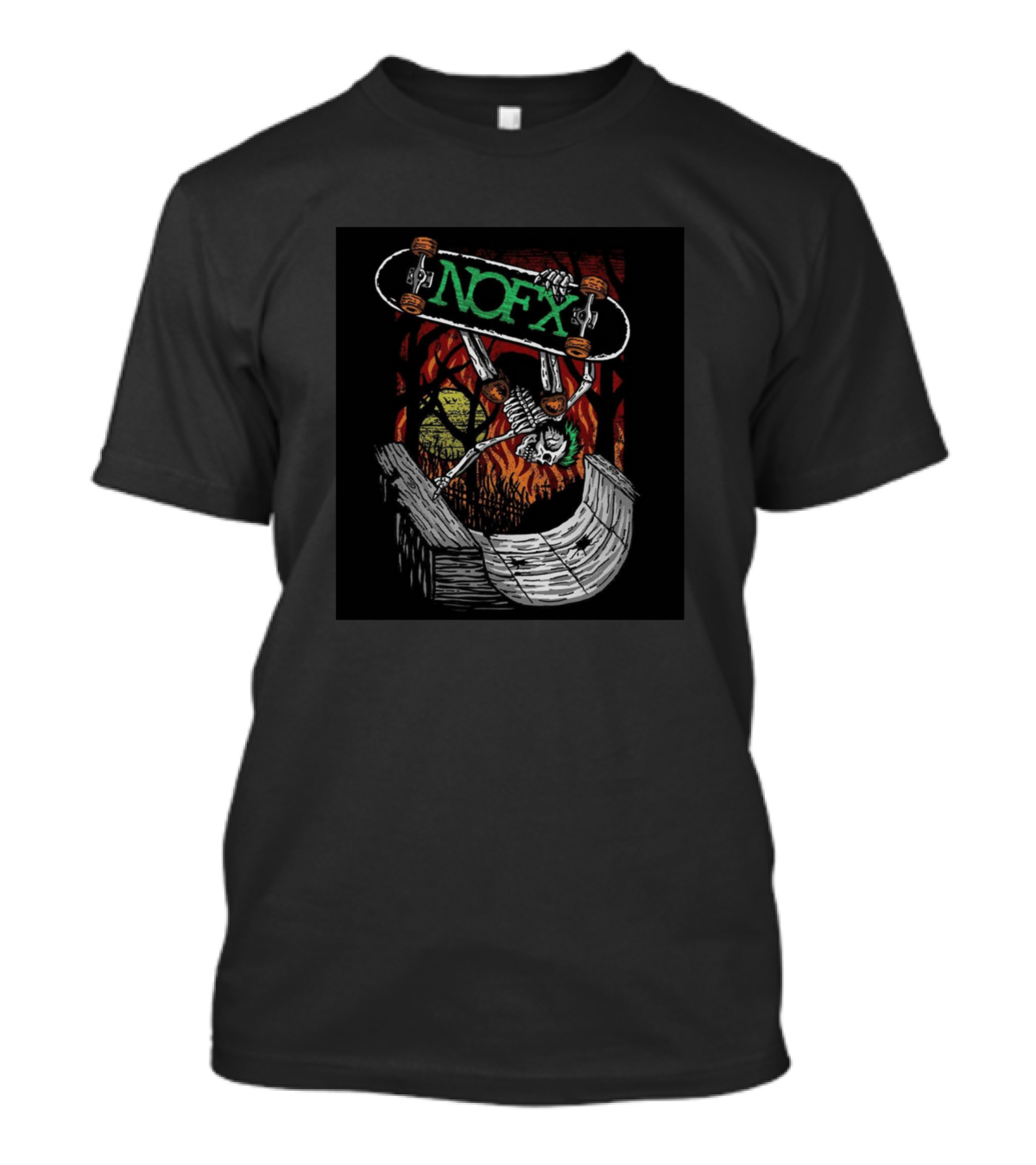 NOFX Skateboarding Skeleton In Dark Forest Scene T-Shirt