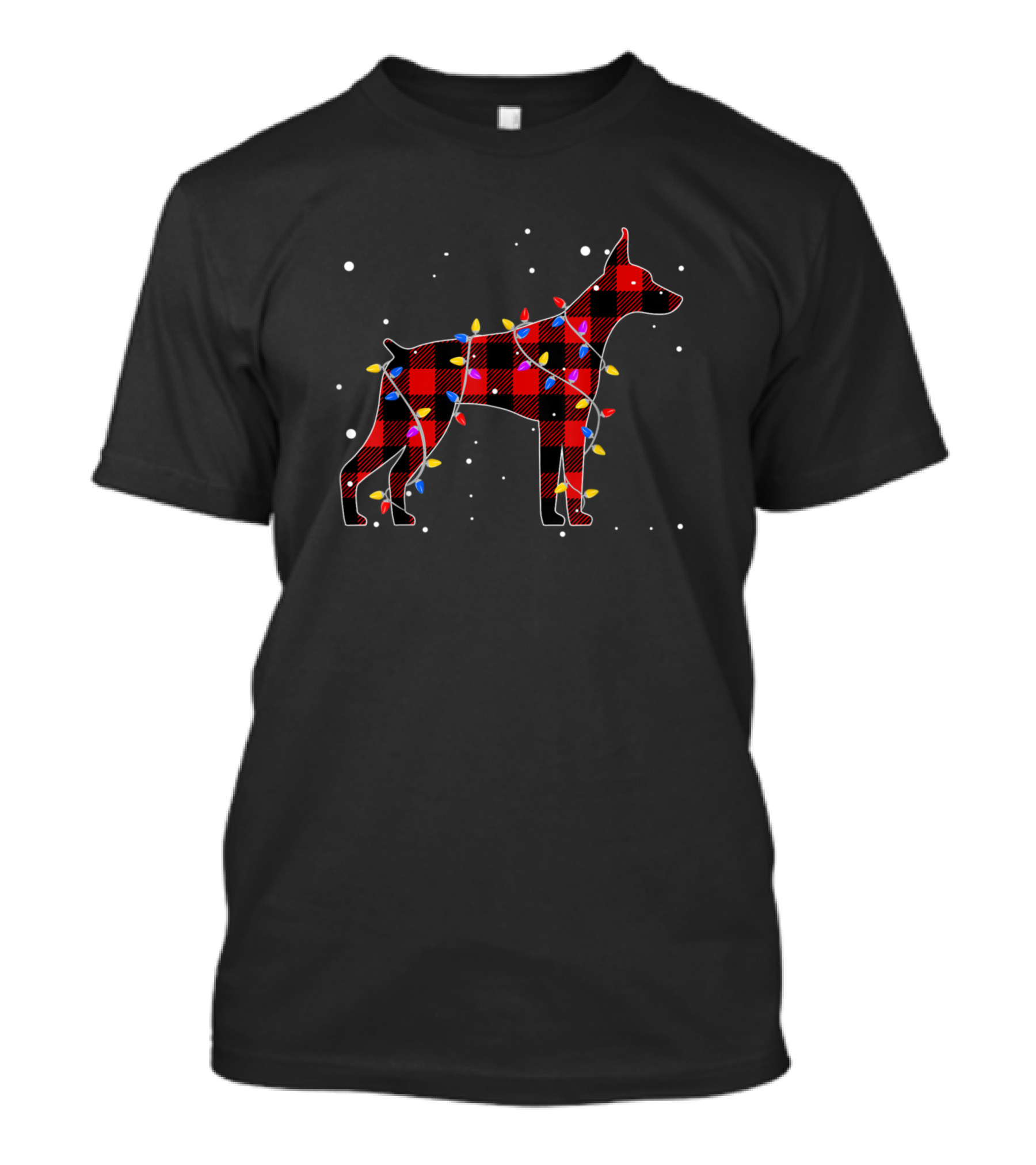 Red Buffalo Plaid Doberman With Christmas Lights T-Shirt