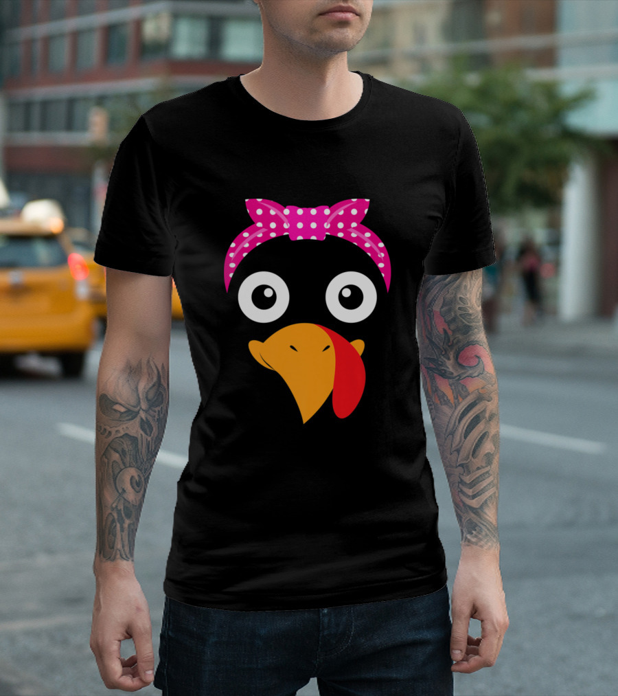 Thanksgiving Turkey Face With Pink Polka Dot Bandana T-Shirt