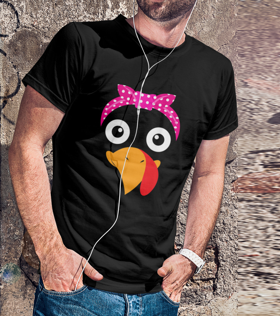 Thanksgiving Turkey Face With Pink Polka Dot Bandana T-Shirt