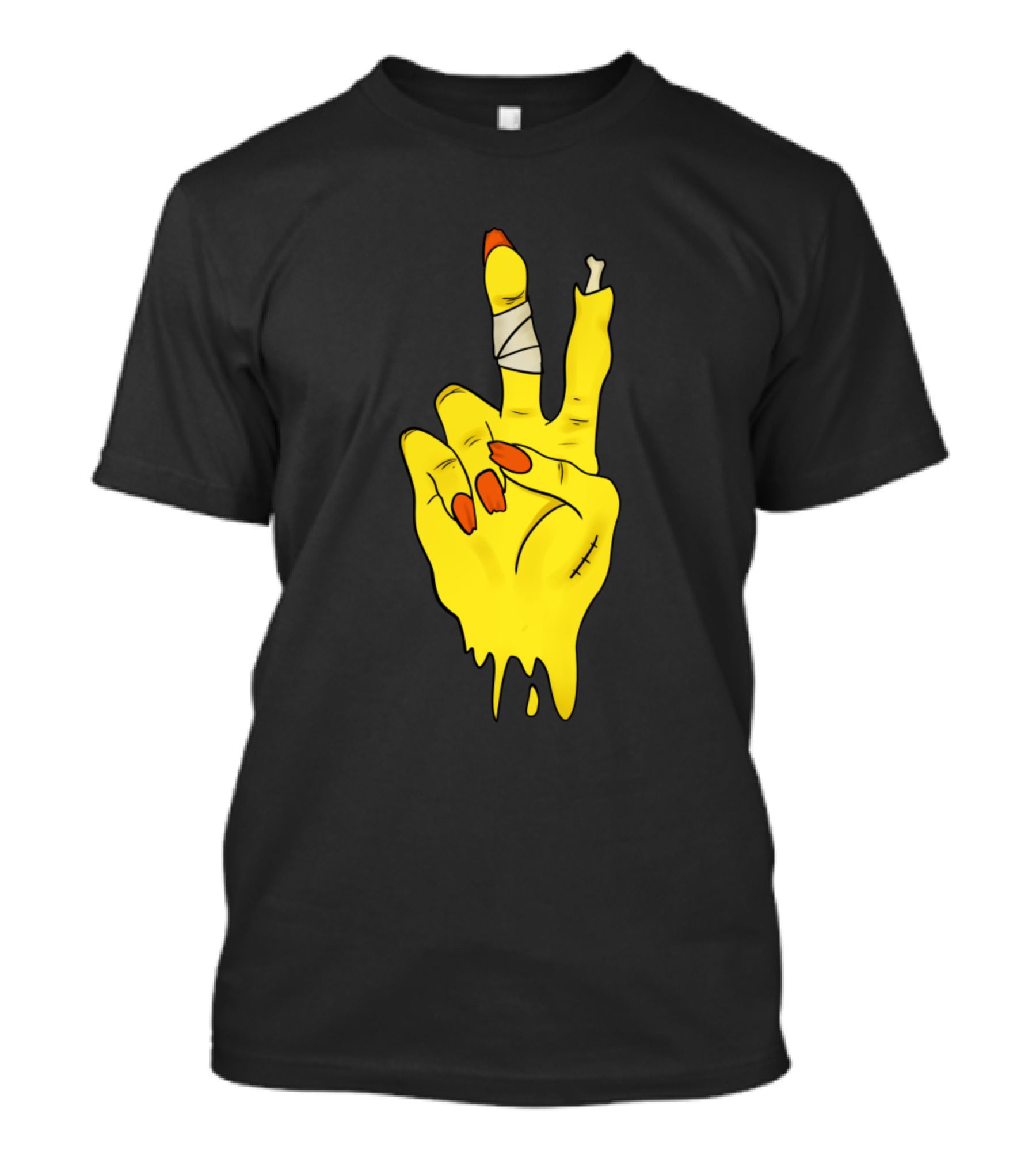 Zombie Peace Hand Sign With Bandaged Fingers And Yellow Melting Effect T-Shirt