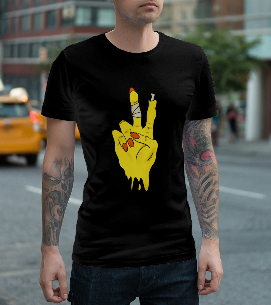 Zombie Peace Hand Sign With Bandaged Fingers And Yellow Melting Effect T-Shirt