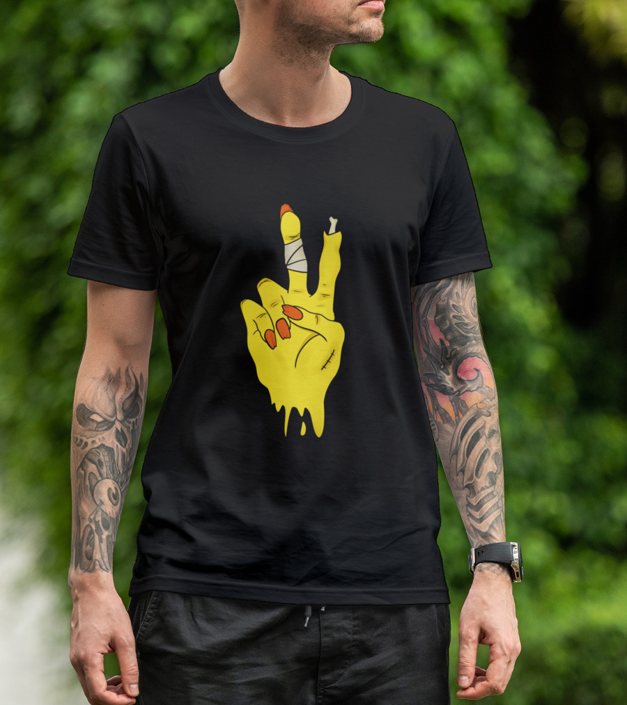 Zombie Peace Hand Sign With Bandaged Fingers And Yellow Melting Effect T-Shirt
